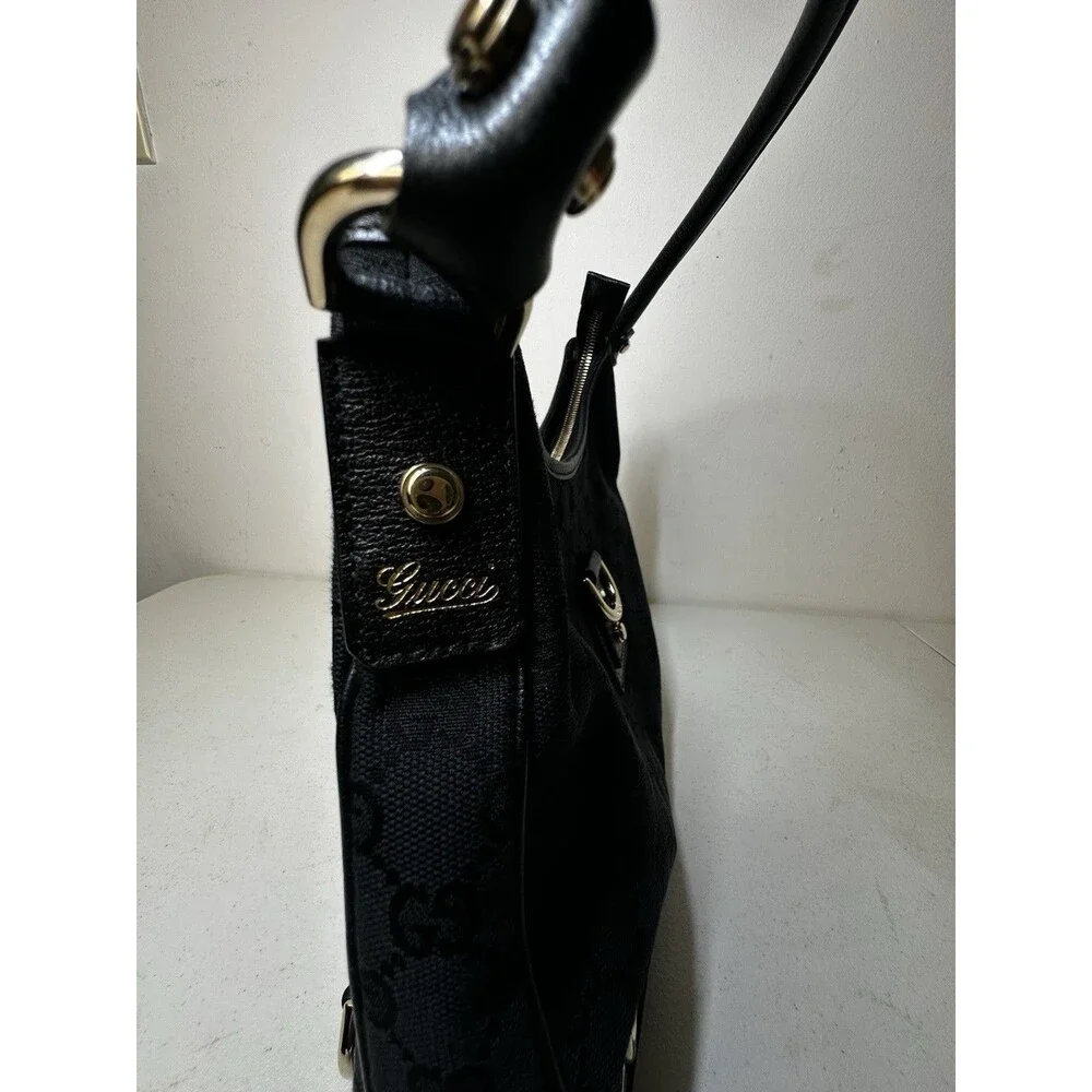 Gucci Vintage Abbey Hobo Bag Black GG Canvas Leather Trim D-Ring